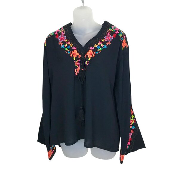 Misa Los Angeles Beautiful Black Embroidered Boho Blouse With Ties Size XS - Picture 3 of 7